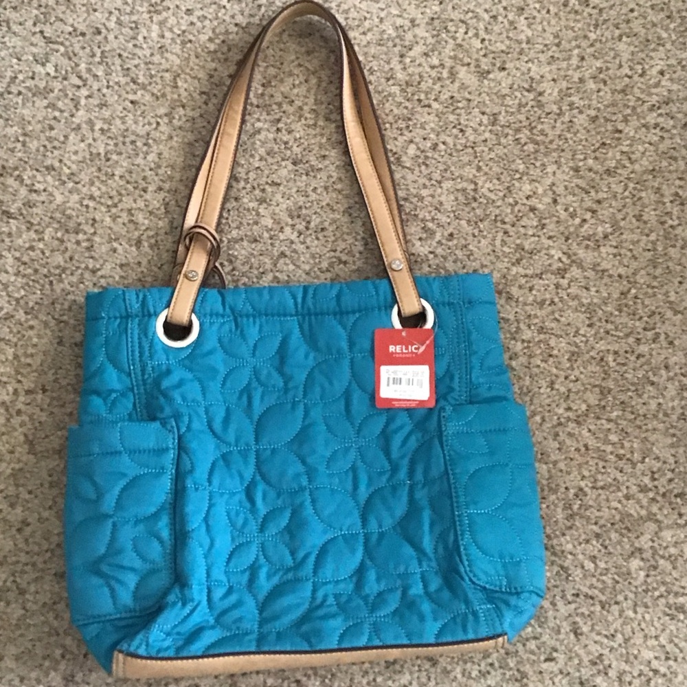Relic Teal Quilted Tote with Tan Handles